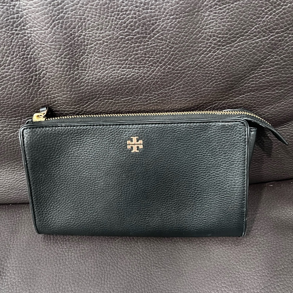 Tory Burch Black Leather Clutch with Gold Accent